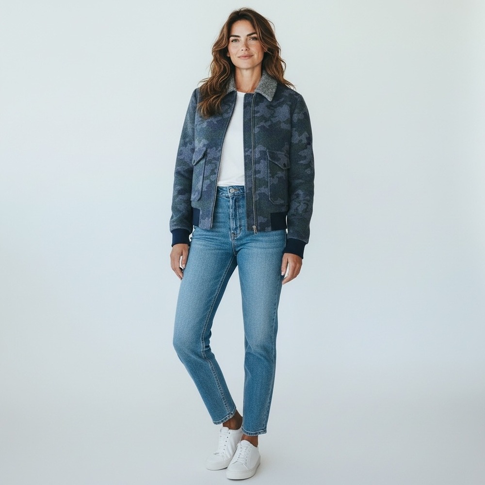 Paisley & Gray Camo Bomber Jacket Blue Grey Faux Shearling Collar Slim Fit XL